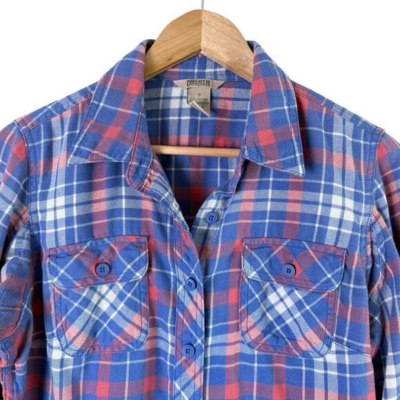 Duluth Trading Co. Flannel Button Down Shirt in Blue Pink Plaid, Size Small - Picture 2 of 9